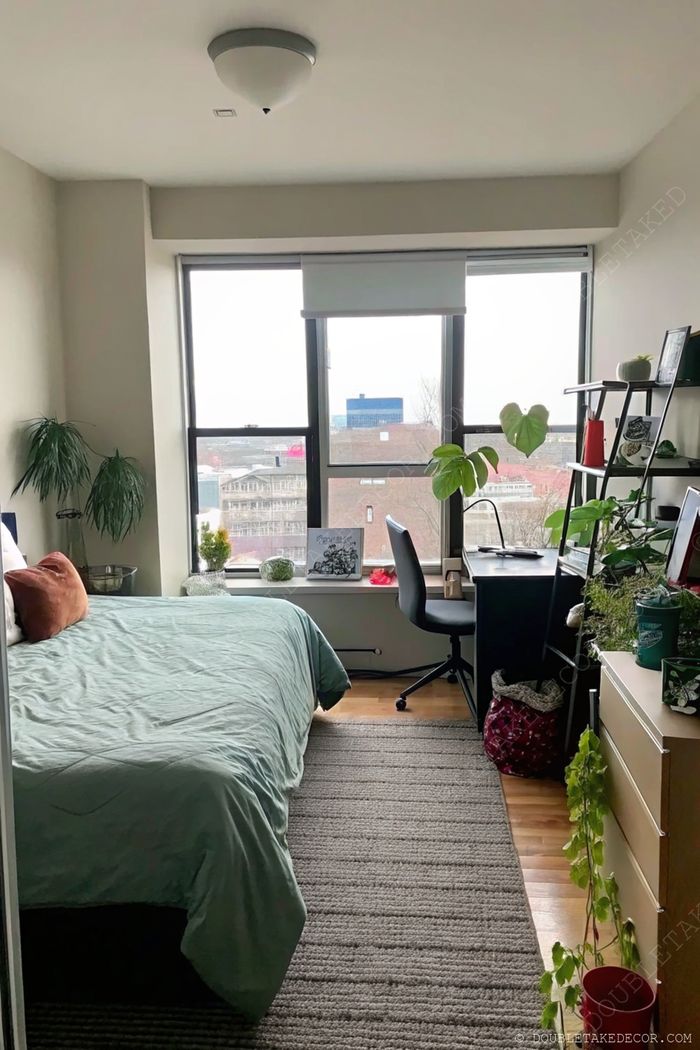 Cozy dorm room with green bedding, natural light, plants, and functional study space for a peaceful aesthetic.