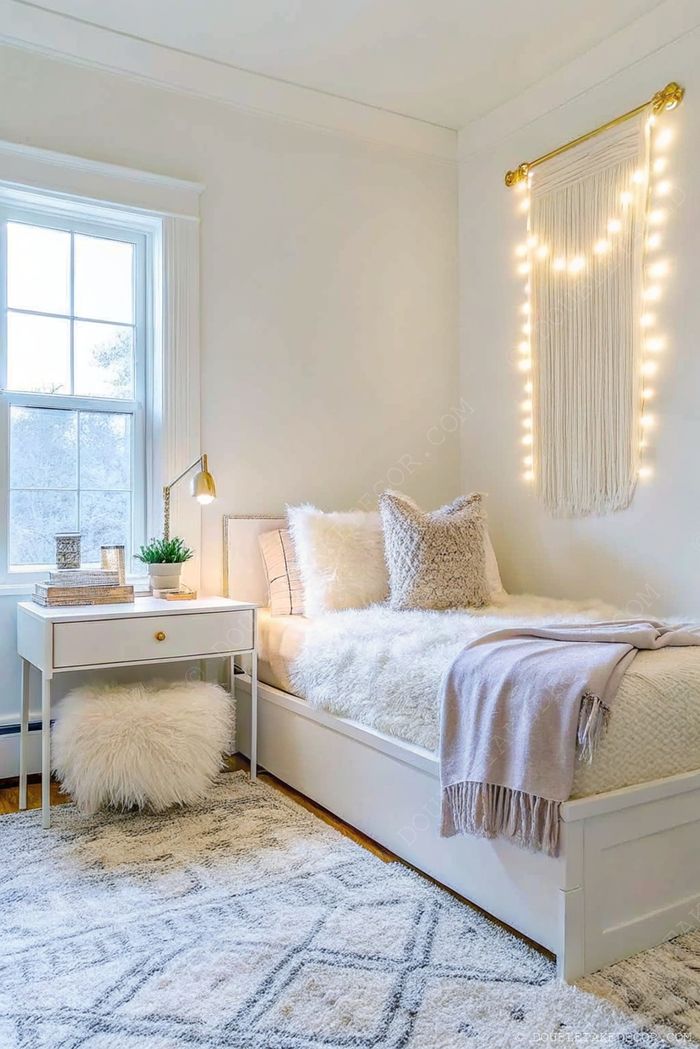 A cozy dorm room with natural light, plush bedding, macramé wall art, and thoughtful decor elements creating a serene aesthetic.