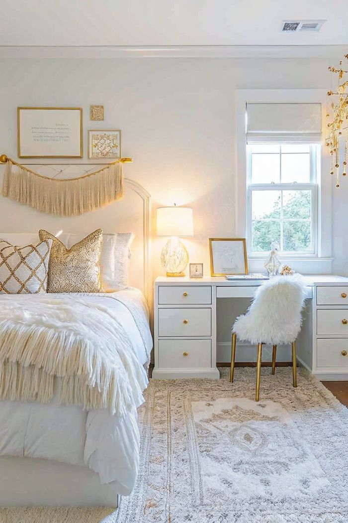 Cozy dorm room with bohemian bedspread, decorative pillows, gold wall hanging, white desk, and plush chair creating a bright, serene aesthetic.