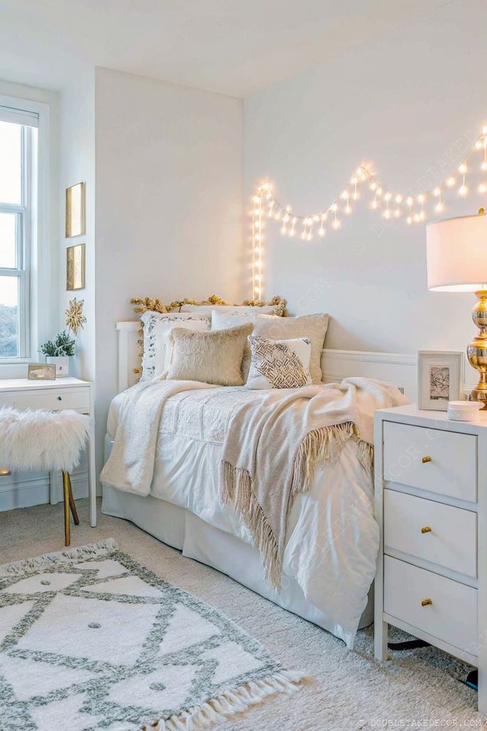 A cozy dorm room with neutral tones featuring a white bed with decorative pillows, fairy lights, minimalist furniture, and soft textures.
