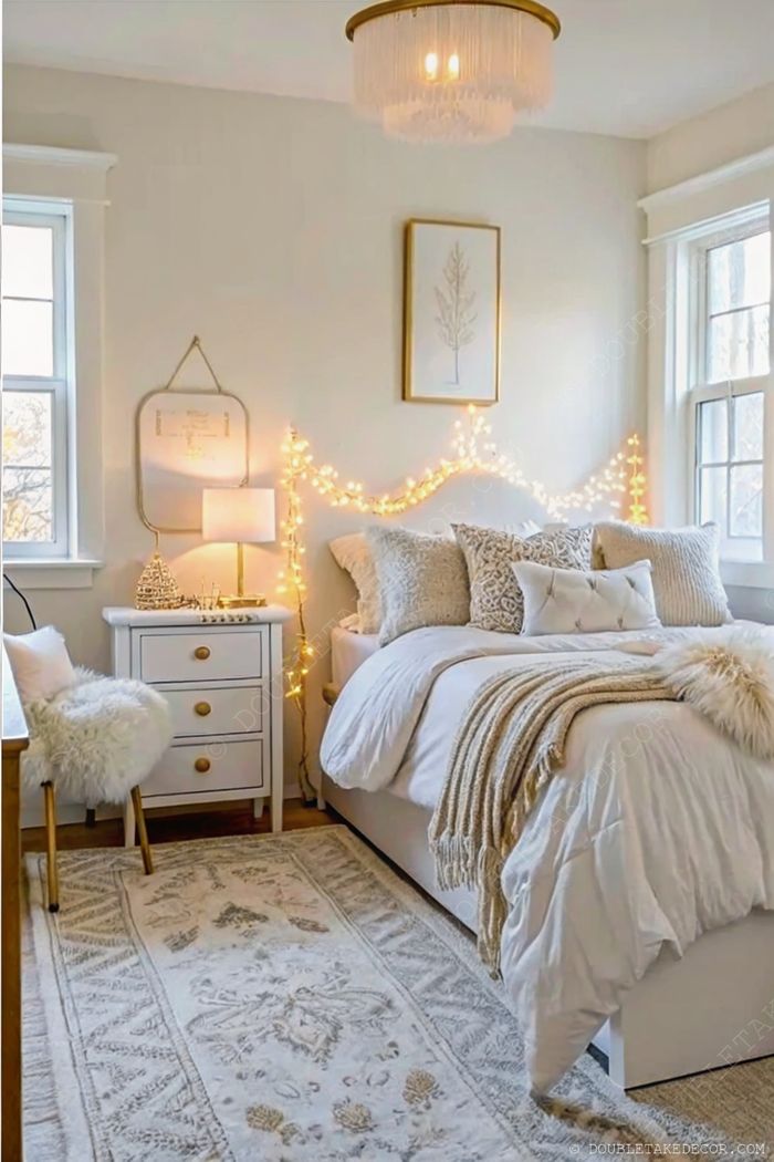 Warm dorm room with fairy lights, white bedding, textured pillows, and fringe chandelier creating a tranquil retreat atmosphere.