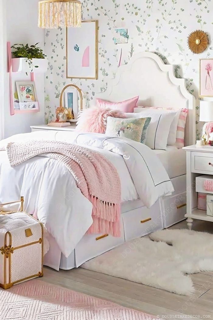 Cozy bedroom with pastel pink and white decor, featuring a scalloped headboard, plush bedding, decorative pillows, and floral wallpaper.