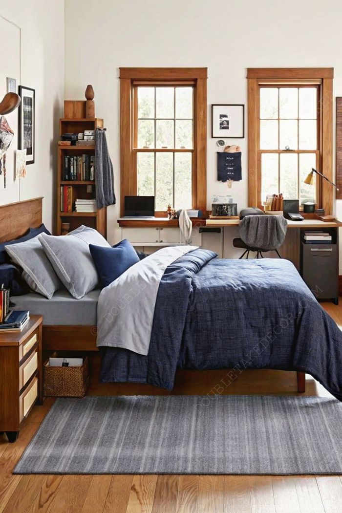 Cozy bedroom with navy bedding, wooden furniture, gray rug, natural lighting, and a functional workspace with personal decor touches.