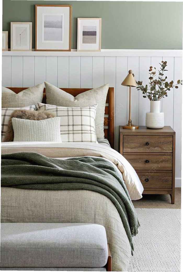 Cozy dorm room with soft green walls, plush bed layered with textured pillows, wooden nightstand, and tasteful accessories.