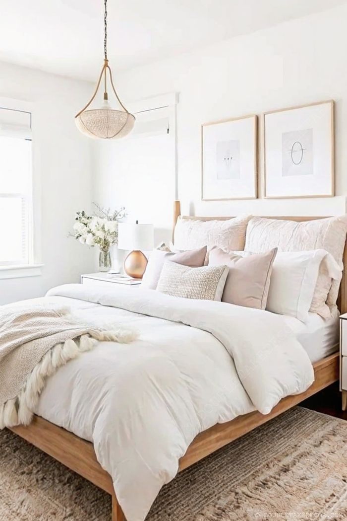 Serene white bedroom with wooden bed frame, soft pink accent pillows, minimalist artwork, and copper lamp creating a cozy dorm aesthetic