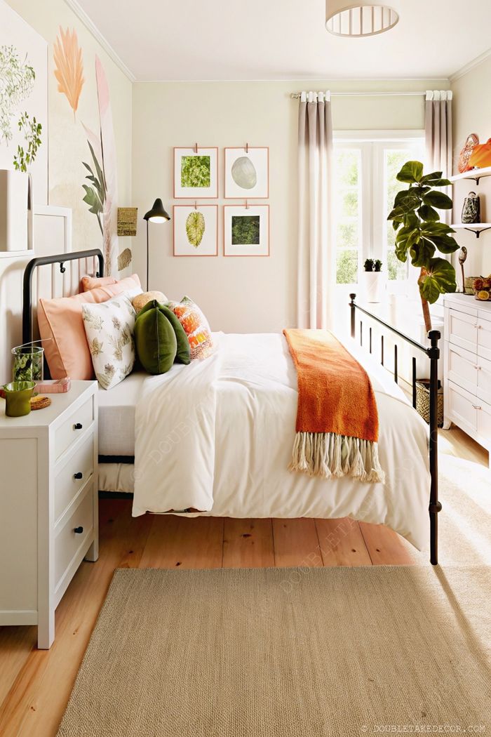 A cozy dorm room with black metal bed frame, green and orange accents, botanical artwork, and warm wooden floors creating a stylish retreat.