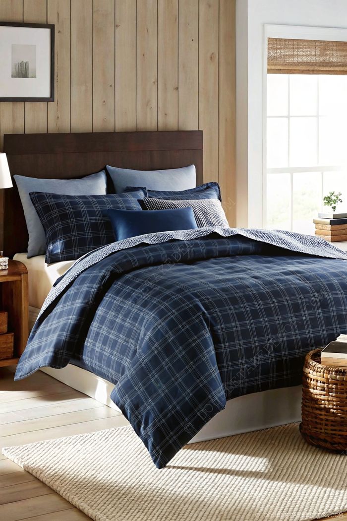 Cozy dorm bedroom with navy plaid bedding, blue pillows, wooden paneled wall, and tasteful minimalist decor elements.