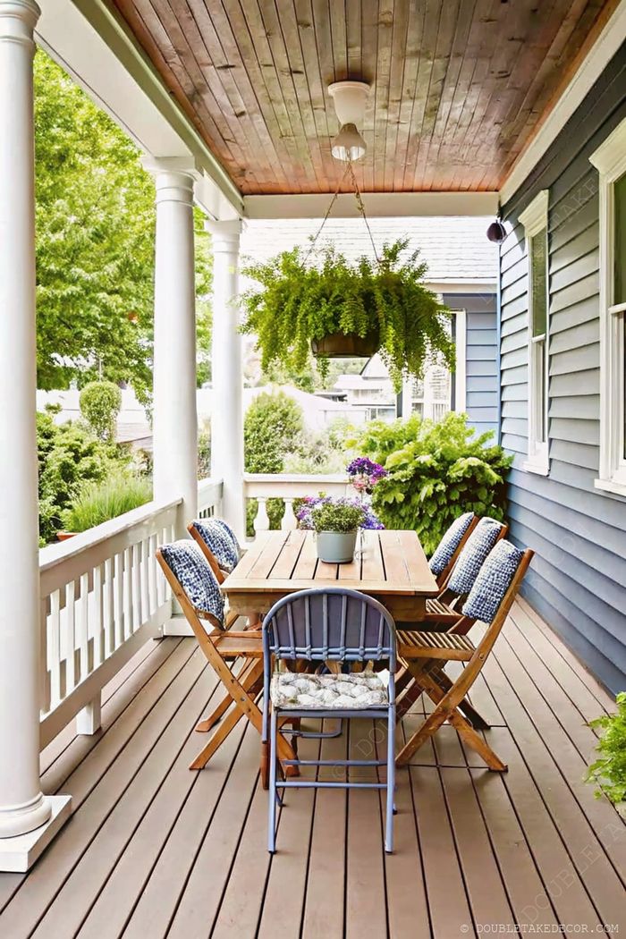 Cozy porch dining area with wooden table, folding chairs, blue accent chair, hanging ferns, and lush greenery creating an inviting ambiance.