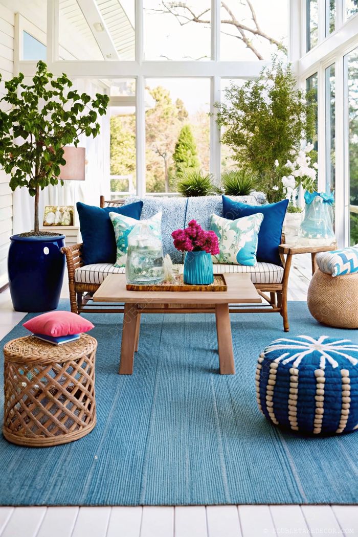 Bright sunroom with striped sofa, blue-green pillows, wooden coffee table, and wicker accents bathed in natural light.