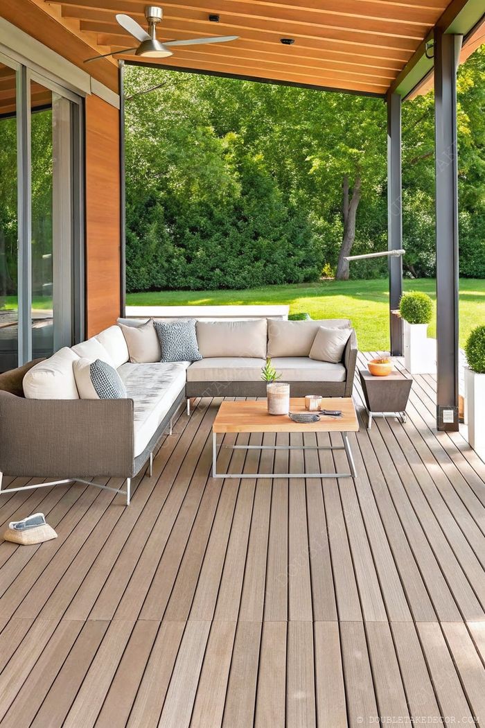 Cozy outdoor porch with L-shaped sectional sofa, wooden coffee table, ceiling fan, and decorative plants in white planters.