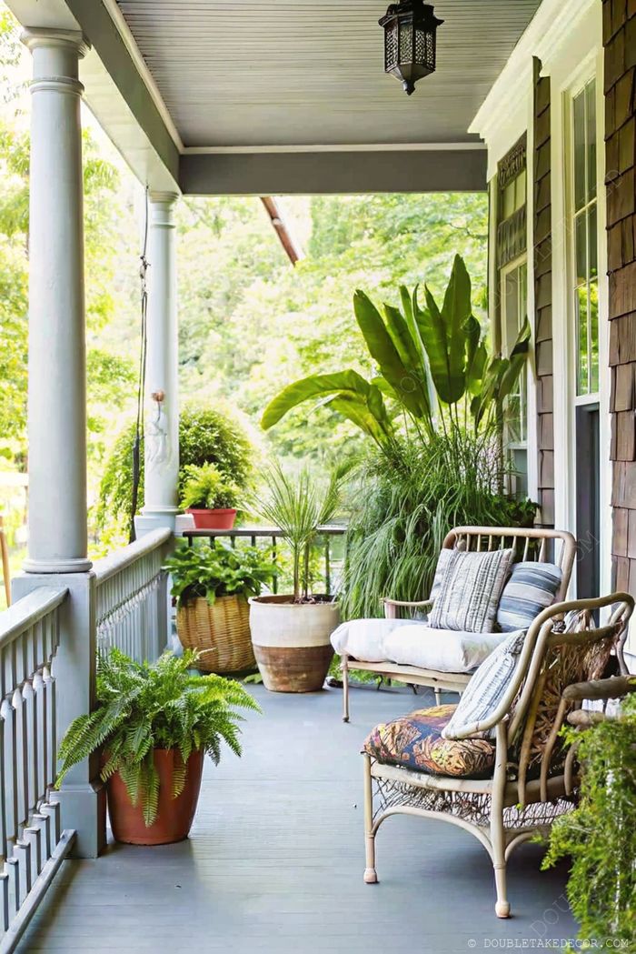 Inviting front porch with cozy couch, wicker chair with vibrant cushions, and abundant potted plants creating a relaxing outdoor retreat.