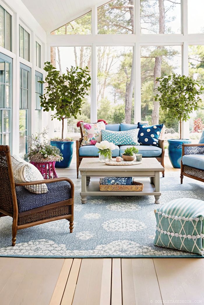Bright sunroom with large windows, a blue sofa with patterned cushions, potted plants, and coastal-inspired decor creating a cozy porch atmosphere.