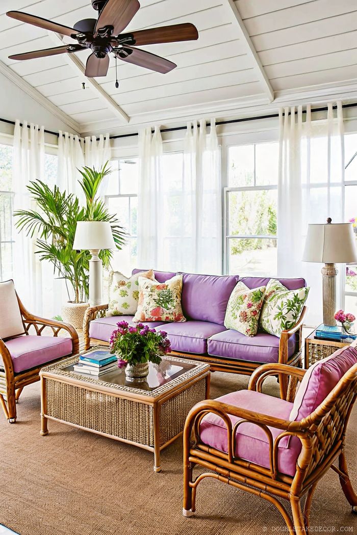 Lavender sofa with floral pillows, wicker chairs, and glass-topped coffee table in a bright sunroom with tropical accents.