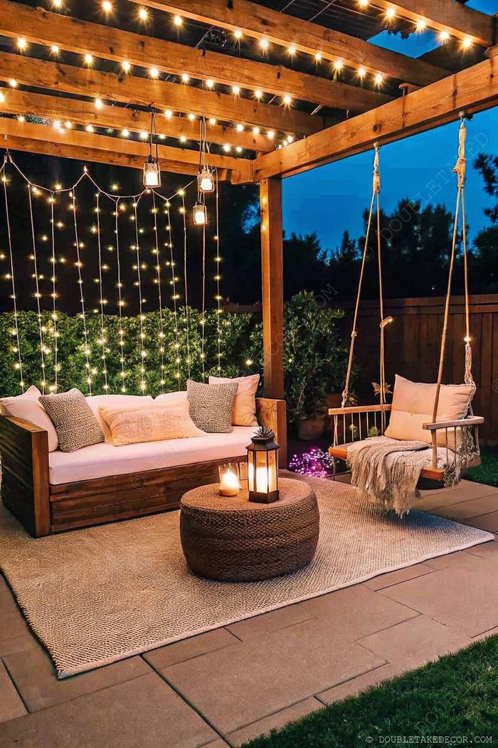 Cozy pergola seating area with string lights, cushioned bench, swing seat, and woven ottoman centerpiece on textured rug amid greenery.