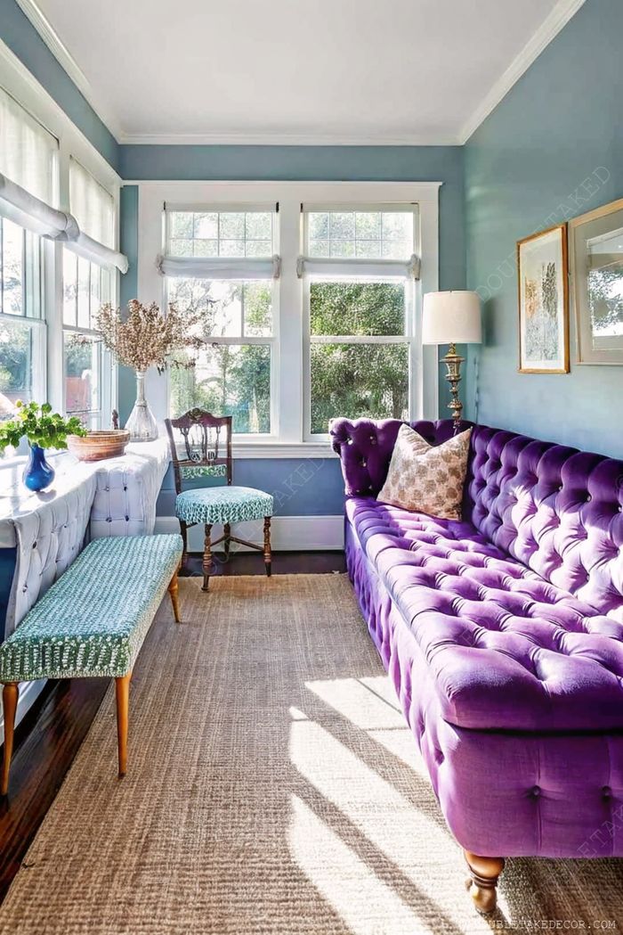Véranda lumineuse avec canapé violet capitonné, fauteuil bleu à motifs et banquette assortie, baignée de lumière naturelle de grandes fenêtres.