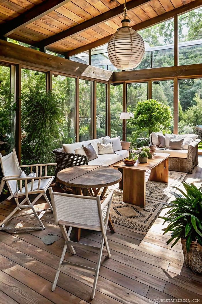 Véranda lumineuse avec grandes fenêtres, éléments en bois, plantes en pots et assises confortables autour d'une table centrale sur tapis.