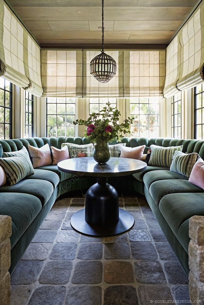 Véranda cosy avec canapé incurvé vert en velours, coussins décoratifs, table ronde et stores tressés pour une ambiance élégante de détente.