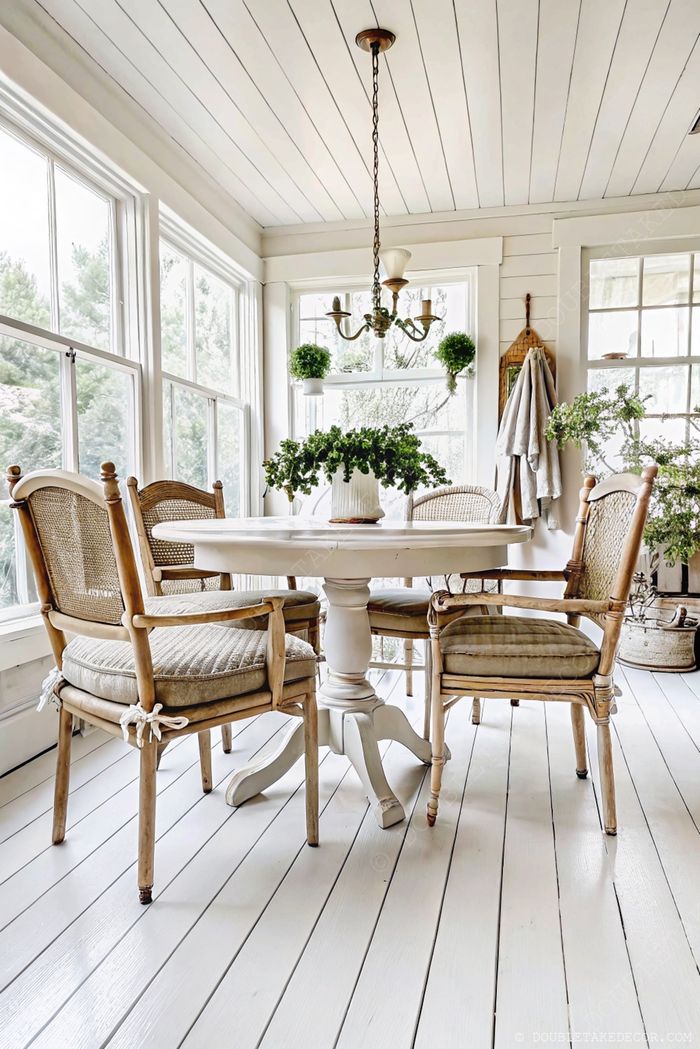 Espace repas ensoleillé avec une table ronde blanche, des chaises tressées, un lustre et des plantes vertes sous un plafond en bois clair.