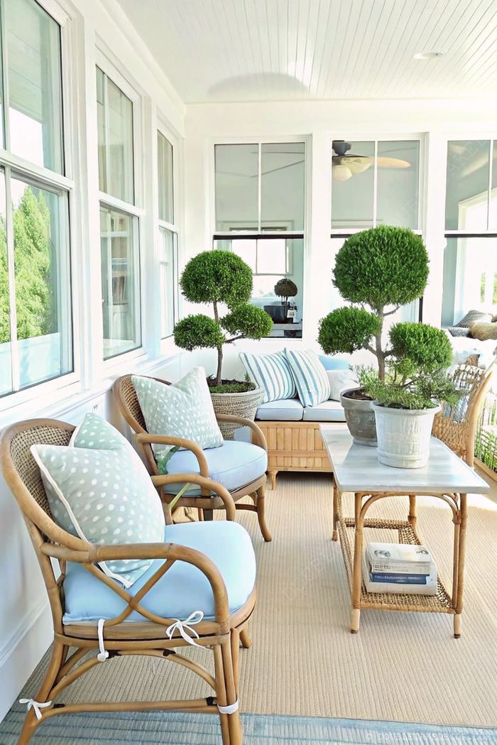 Véranda avec chaises en osier, coussins bleus, canapé assorti, topiaires décoratifs et table basse en bois, baignée de lumière naturelle.