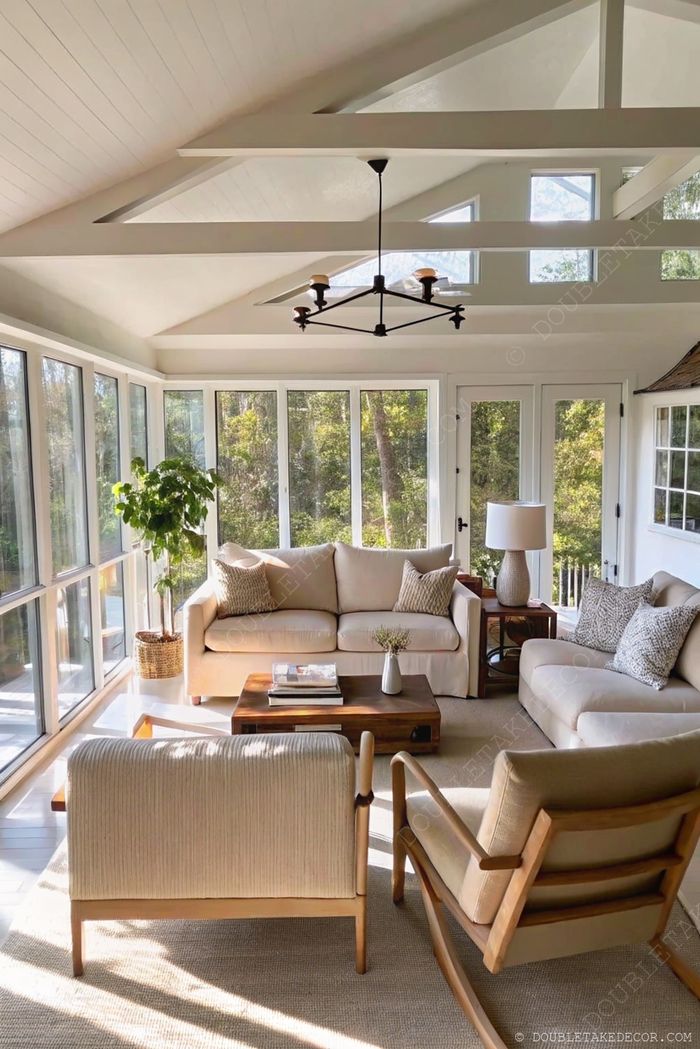 Véranda lumineuse avec grandes fenêtres, plafond original, canapé clair à coussins à motifs, table basse en bois et plantes d’intérieur créant une ambiance cosy et naturelle.