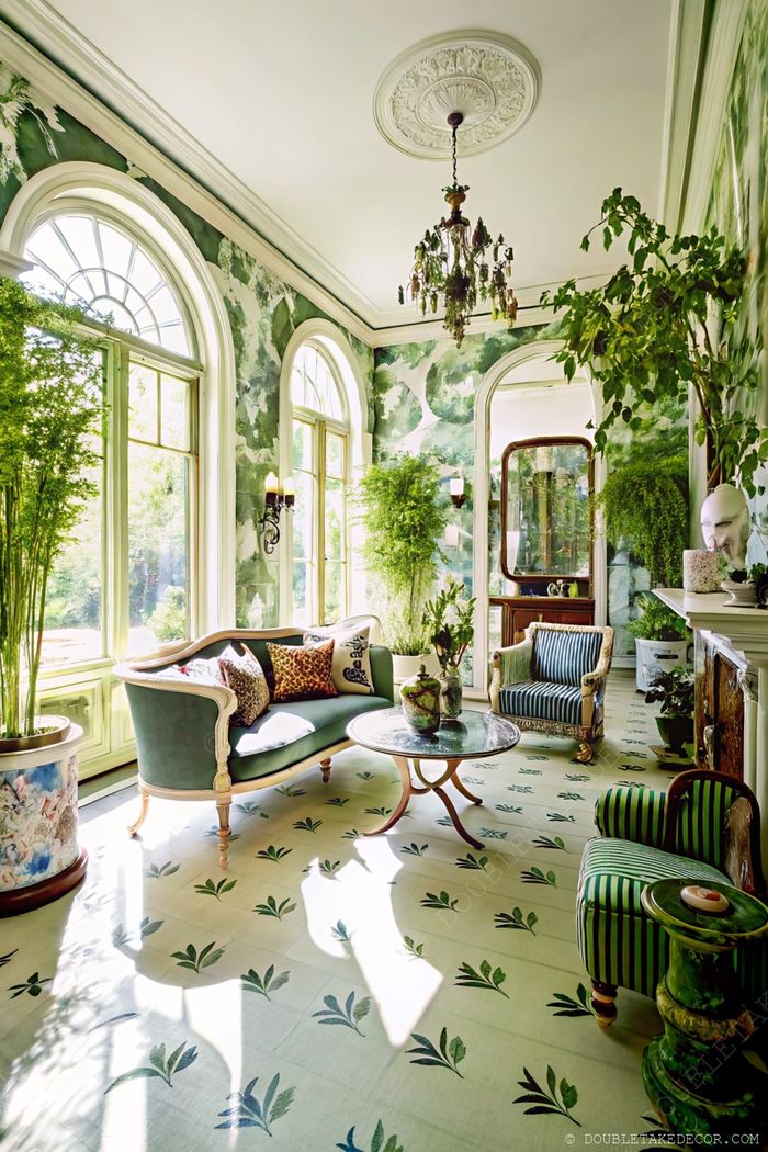Véranda élégante avec papier peint fleuri vert, fenêtres en arc, plantes d’intérieur, canapé courbe et table basse en verre pour une ambiance chaleureuse.