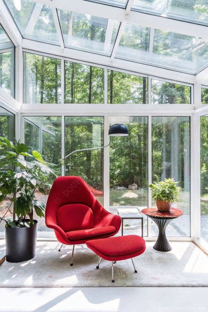 Véranda lumineuse avec grandes baies vitrées, fauteuil rouge avec repose-pieds, lampe noire arquée, plantes et tapis texturé.