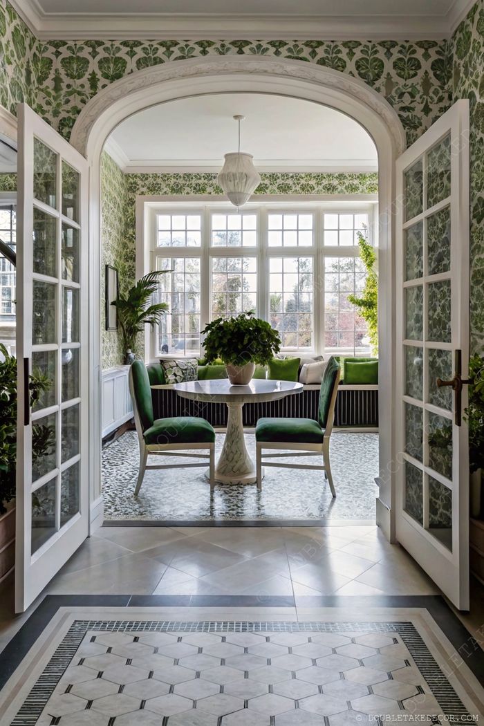 Salle à manger lumineuse avec papier peint fleuri vert, table ronde sur pied et assises rembourrées pour un espace convivial inspiré de la nature.