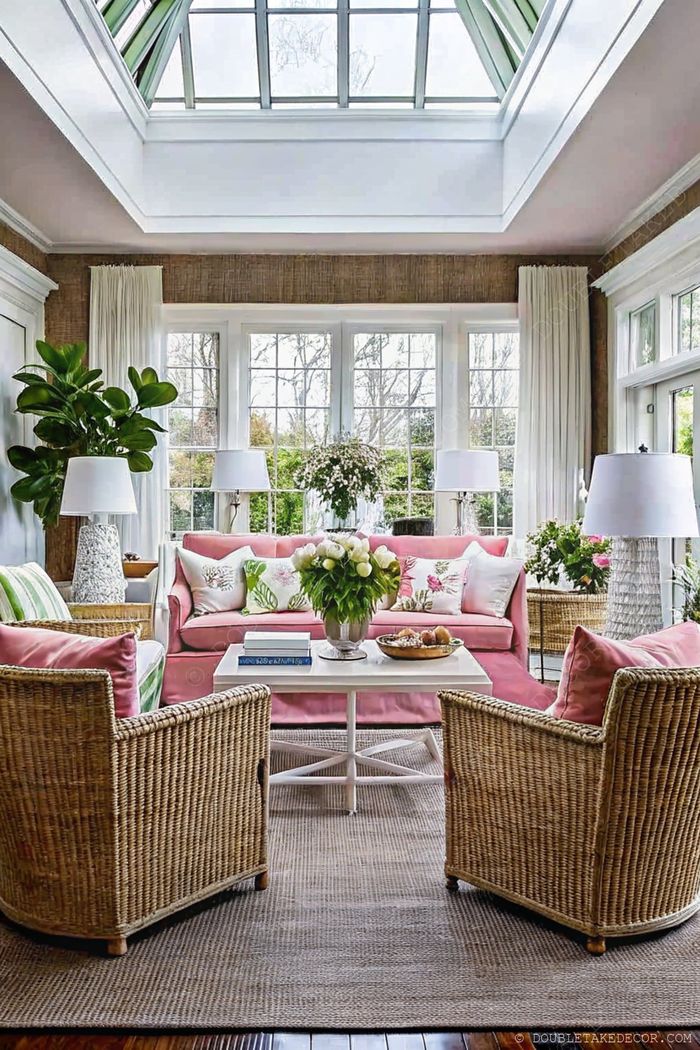 Véranda ensoleillée avec canapé rose, fauteuils en rotin et abondante lumière grâce aux grandes fenêtres et au puits de lumière, créant une ambiance gaie et tranquille.