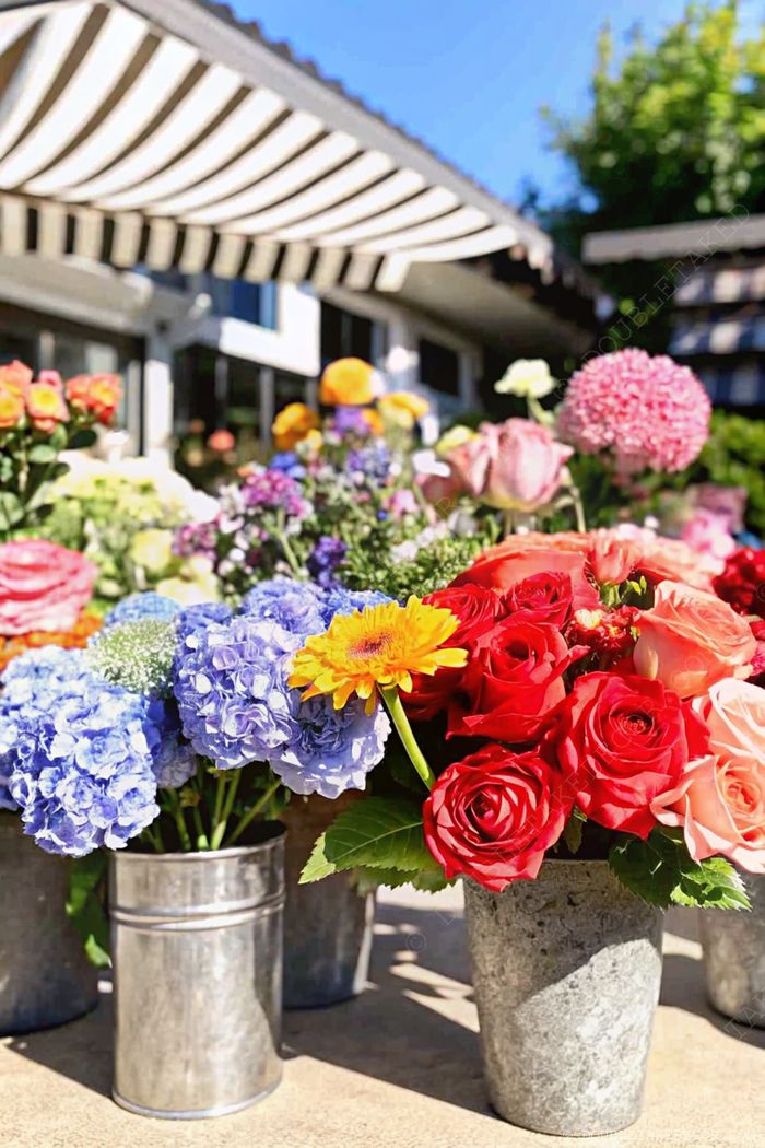 Colorful flower display featuring red roses, pink roses, yellow daisies, and blue hydrangeas in rustic metallic pots against a sunny backdrop.