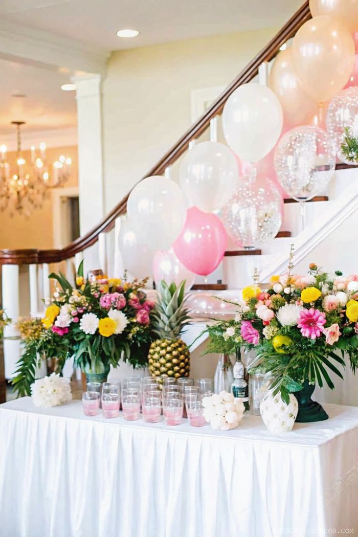 Elegant DIY flower bar featuring pink drinks on a white table with vibrant floral arrangements and balloon-adorned staircase backdrop