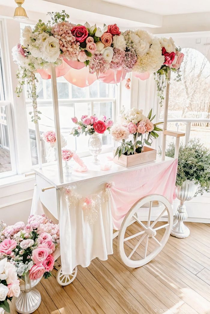 Beautifully decorated white cart with pink drapes showcasing elegant floral arrangements of roses, peonies, and baby's breath for a DIY flower bar.