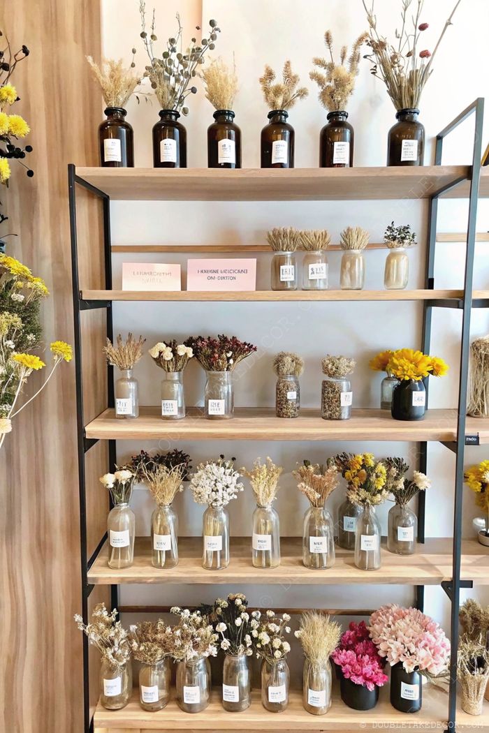 Elegant dried flower bar with labeled glass jars on wooden shelves, showcasing various floral textures and colors for home decor
