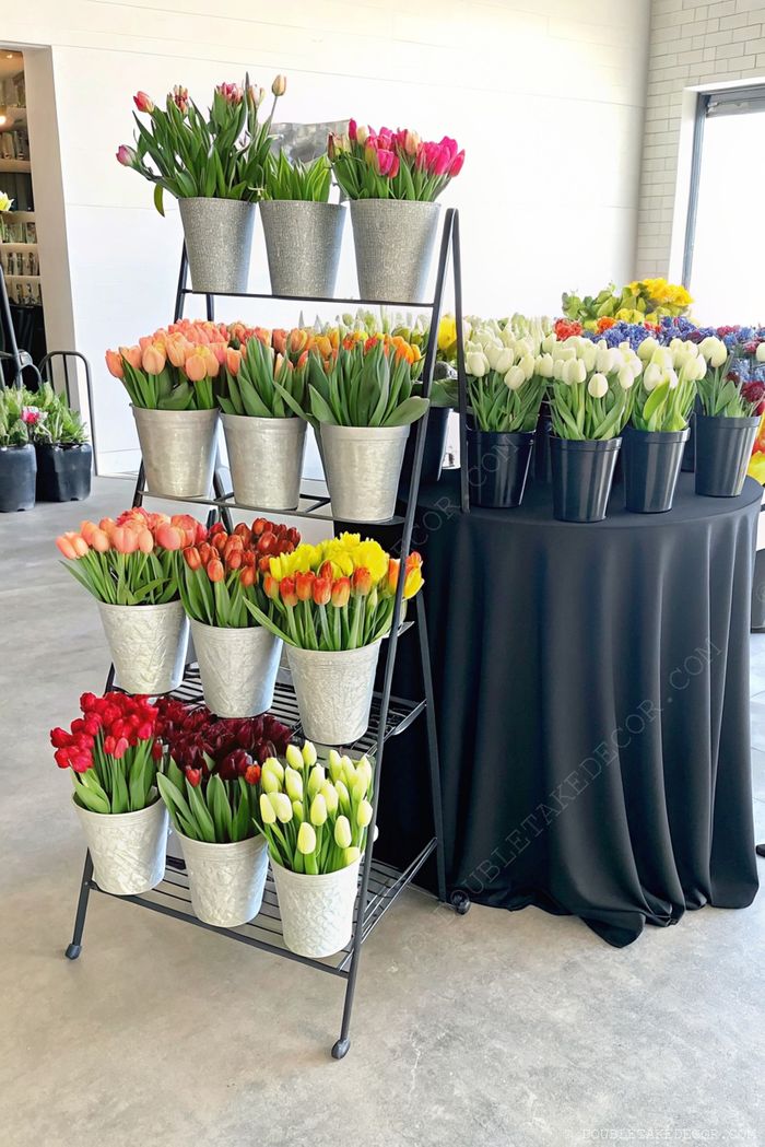 Colorful artificial tulips in metal pots arranged on black shelving with additional flowers on a round table, creating a vibrant DIY flower bar display