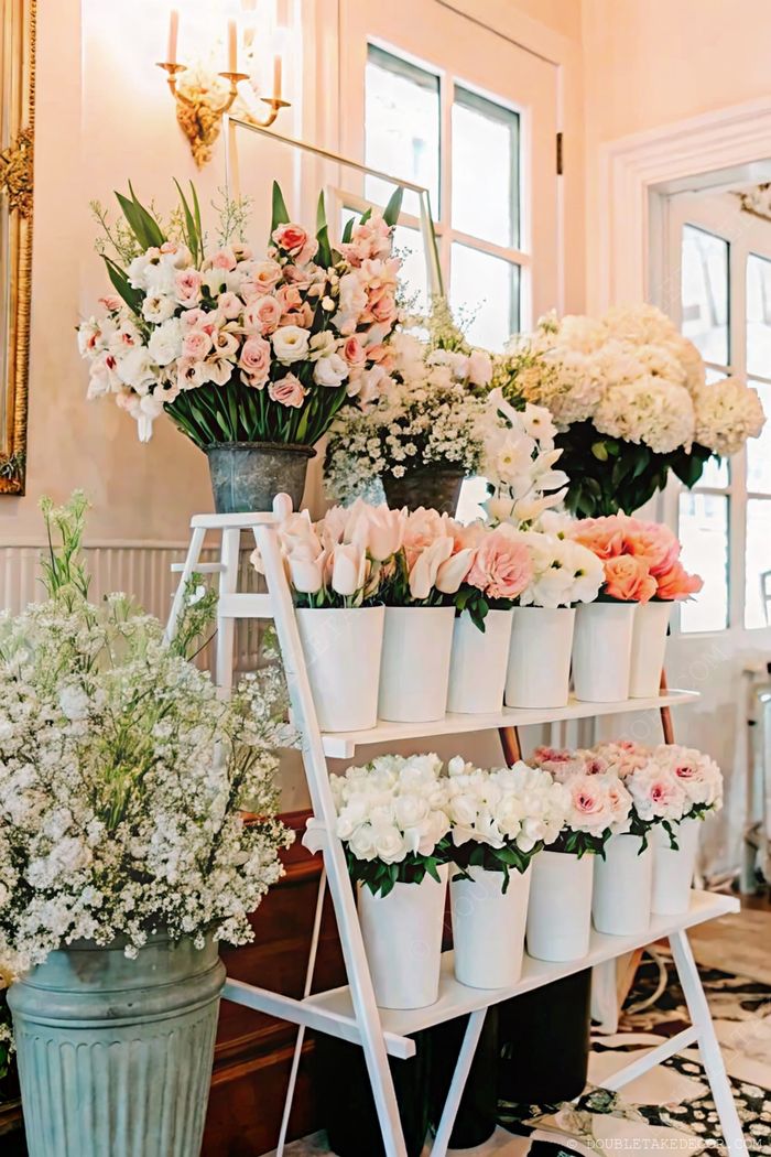 A beautiful floral display featuring pink and white blooms in metallic and white pots arranged on a ladder shelf with baby's breath clusters below.