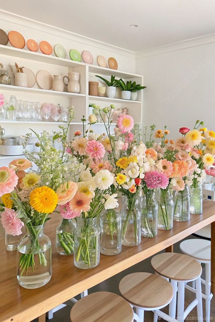 Colorful fresh flowers arranged in glass vases on a wooden counter, creating a vibrant and inviting atmosphere for home entertaining.