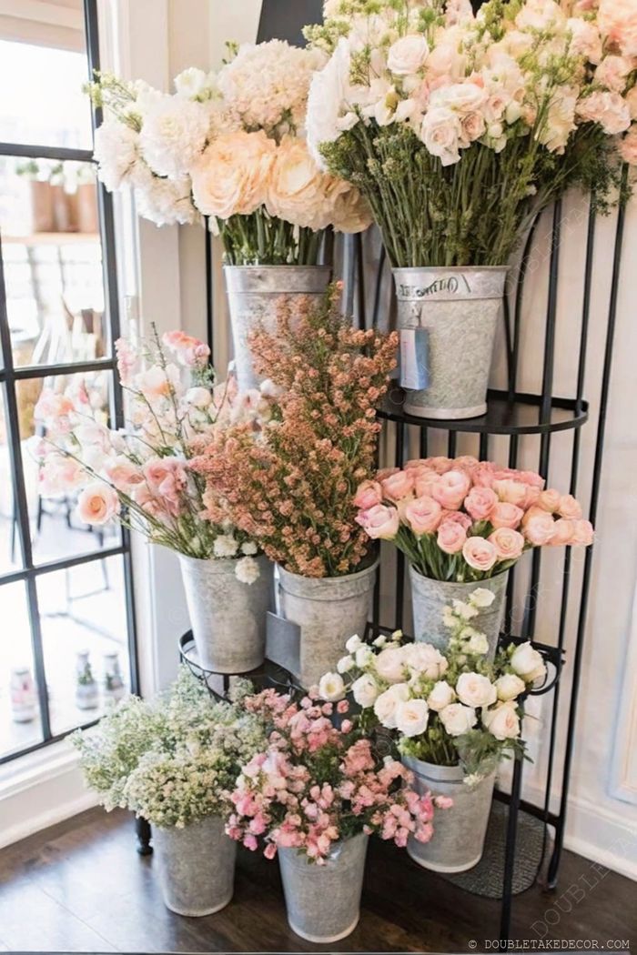 Stylish floral display on a modern metal rack with galvanized buckets of pastel pink, peach, and white blooms near a bright window.