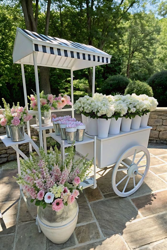 Charming white flower cart with striped canopy displaying pink and white hydrangeas in elegant metallic and ceramic containers amid lush greenery