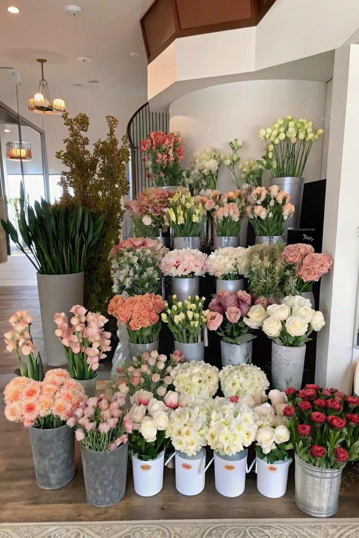 Vibrant flower bar with roses and lilies in metal buckets and vases, arranged against a curved wall with natural lighting.