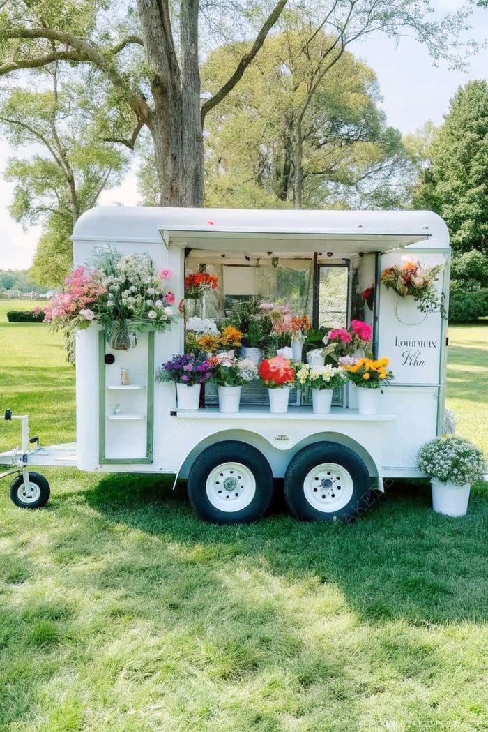 Charming white flower trailer showcasing vibrant blooms in buckets and pots, surrounded by lush green trees in an outdoor setting.