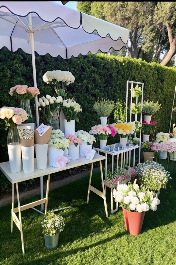 Beautiful outdoor flower bar with tables of fresh blooms in pastel and vibrant colors under a white scalloped parasol, set against a green hedge backdrop