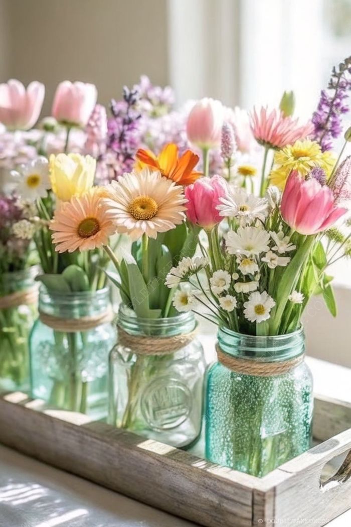 Colorful flowers in twine-wrapped mason jars arranged in a rustic wooden tray, featuring tulips and daisies
