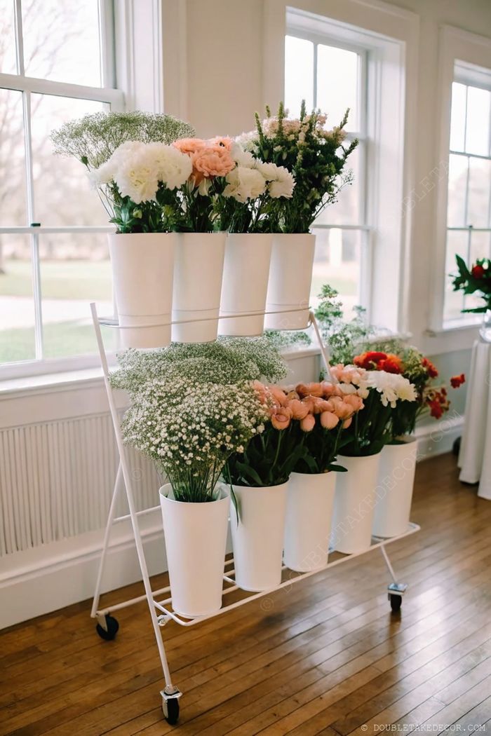 White metal rack with tiered cylindrical pots of pink peonies, white chrysanthemums, and greenery, beautifully arranged near windows.