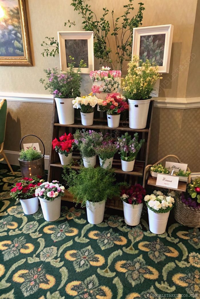 Vibrant potted flowers in white containers on a wooden shelf, with roses, carnations, and greenery, complemented by empty frames and a rustic basket.