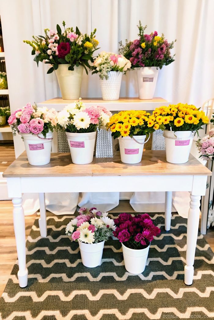 White wooden table featuring fresh flowers in labeled buckets and pots, creating an elegant DIY flower bar arrangement