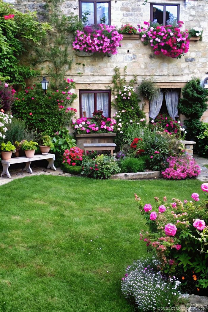 Rustic stone house with pink and purple flower boxes, windows with curtains, lush garden and a wooden bench amid blooming plants.