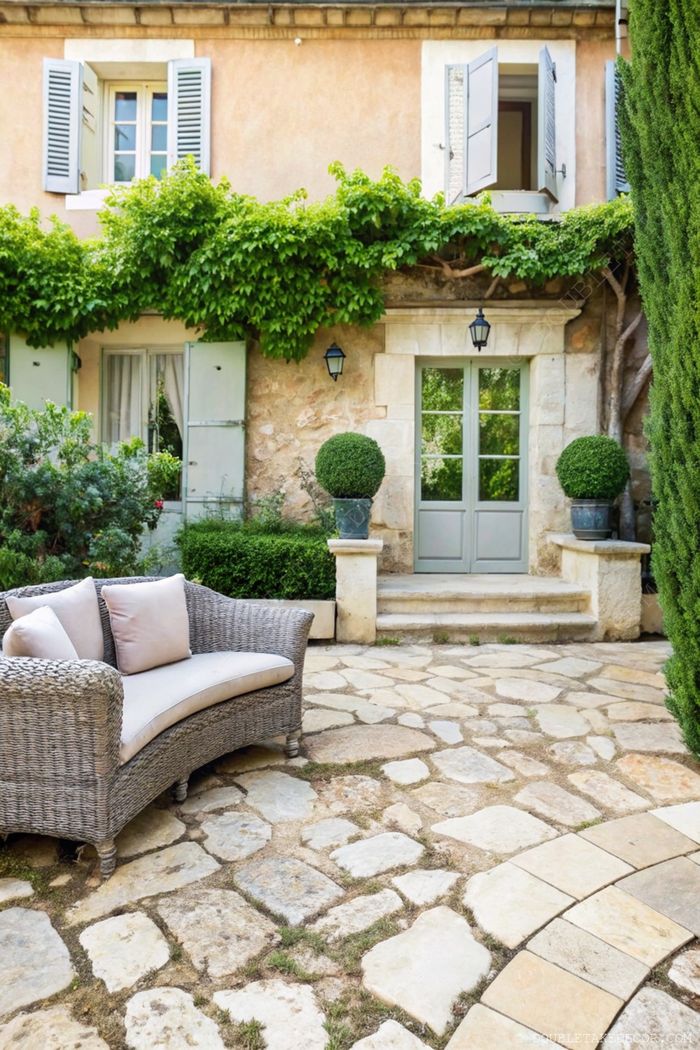 French garden design featuring stone patio with wicker sofa, boxwood topiaries, and peach stucco walls with blue shutters.