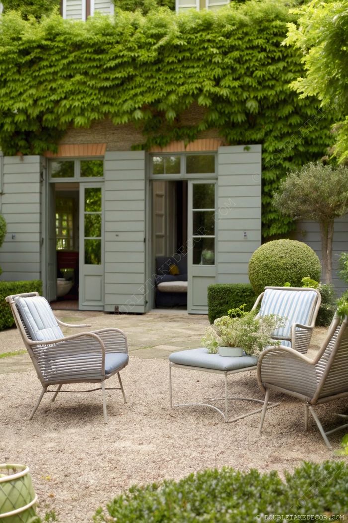 Elegant outdoor seating area with blue-cushioned chairs and a minimalist table surrounded by lush greenery and boxwood plants