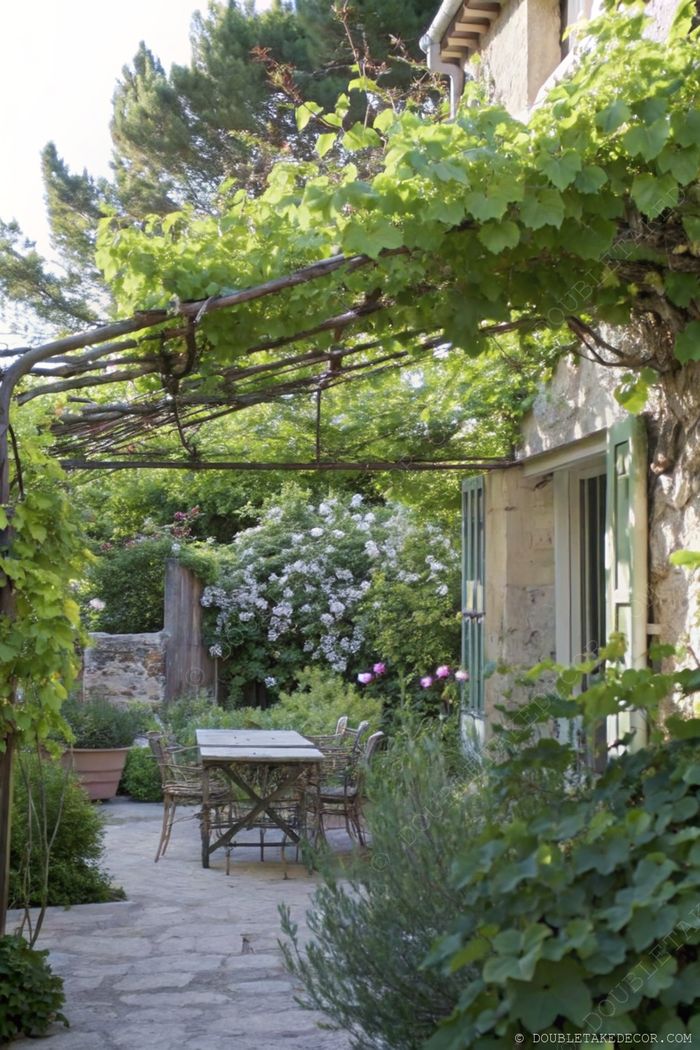 Serene outdoor dining area with wooden table and metal chairs under a vine-covered trellis, surrounded by lush greenery and blooming flowers