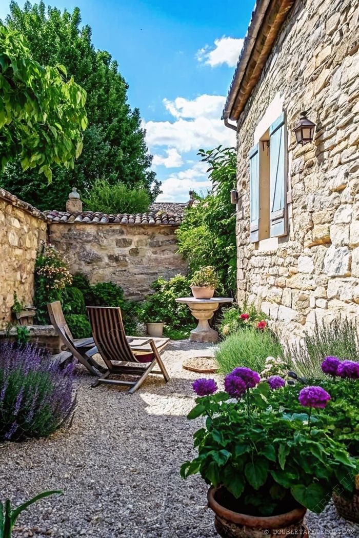 A serene French garden courtyard with stone walls, wooden loungers, lavender and purple flowers in terracotta pots, and a stone fountain