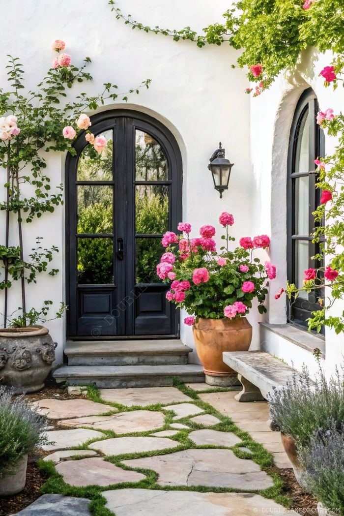 Rustic wooden doors with glass panels, surrounded by climbing roses and pink blooms in terracotta pots along a stone pathway.